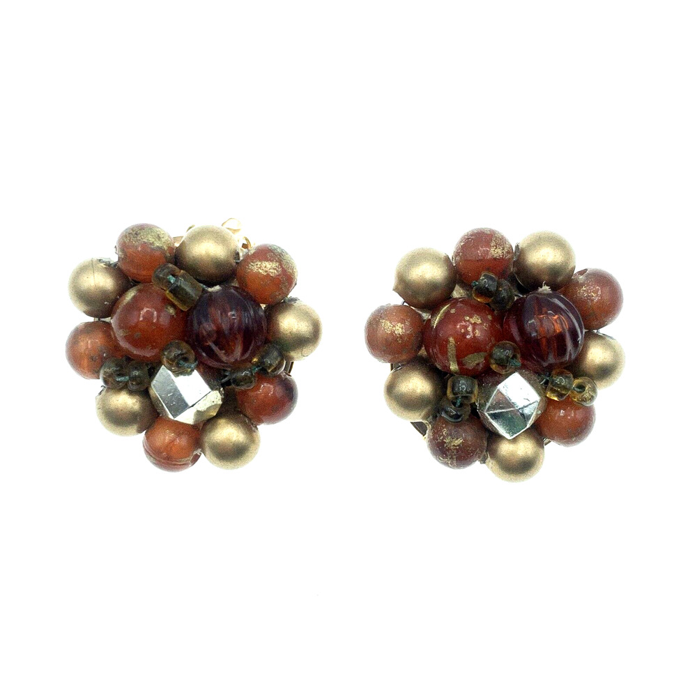 Vintage Hong Kong Round Cluster Clip On Earrings Round Amber Brown Gold Bead 1"